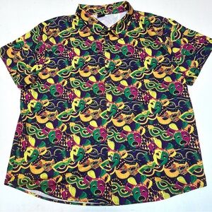 Linocouton Mardi Gras Button Up Shirt 2XL Short Sleeve Polyester blend